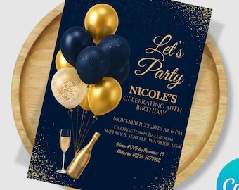 Editable Blue and Gold Birthday Invitation Template, Navy Gold Balloons Invite, Birthday Party Card for Men, Printable Digital Download