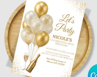 Editable Red & Gold Birthday Invitation, Red Balloons Let's Party Invite, Printable Birthday Card, Digital Evite Template, Instant Download