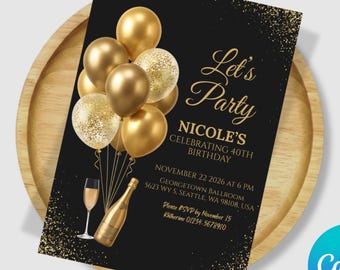 Editable Black & Gold Birthday Invitation for Him, 30th 40th 50th Birthday Dinner Invite, Mens Digital Evite Template, Printable Party Card