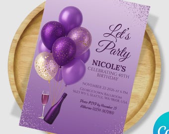 Editable Purple and Gold Birthday Invitation, Let's Party Balloons Invite, Printable or Digital Template, Birthday Card Instant Download