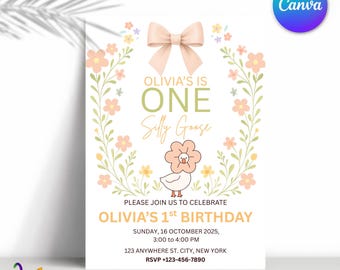 Silly Goose 1st Birthday Invitation | Pink Gingham, Vintage Floral (Digital Download)