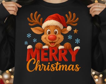 Merry Christmas Reindeer PNG with Santa Hat, Holiday Sublimation Design, Cute Xmas Shirts, Winter Christmas Digital Download