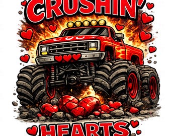 Boy Valentine Monster Truck PNG, Crushin' Hearts Toddler Valentine Shirt Design, Kids Distressed Sublimation PNG File, Instant Download