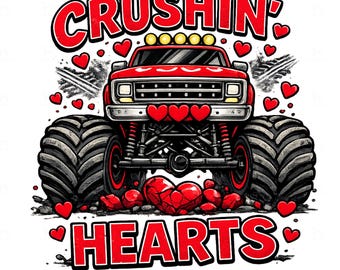 Boy Valentine Monster Truck PNG, Crushin Hearts Distressed Sublimation Design, Toddler Shirt, Kids Retro, XOXO Love VDay, Instant Download
