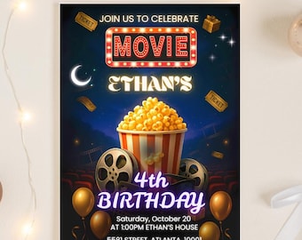 Movie Night Birthday Invitation | Editable Cinema Party (Canva Digital Download)