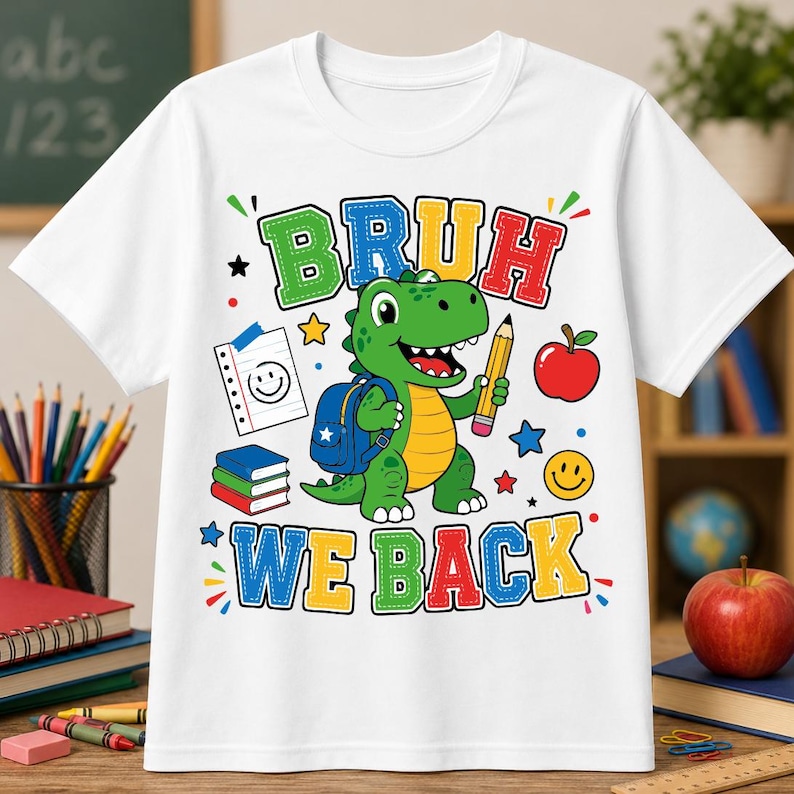 Funny Bruh We Back dinosaur shirt mockup for boys and girls, colorful back to school graphic for student apparel