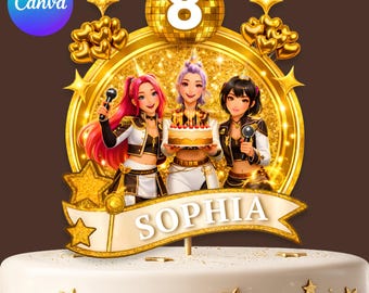 Editable Kpop Demon Hunters Cake Topper, Huntrix Birthday Party Cake Decoration, Kpop Theme Topper, Kpop Birthday, Girls Cake Topper PNG