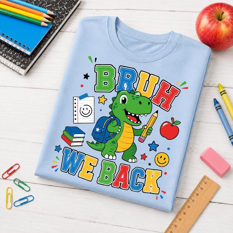 Bruh We Back SVG design displayed on trendy school t shirt mockup for Cricut and sublimation projects