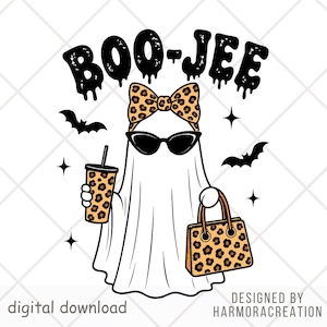 May include: A white ghost illustration featuring the text BOO-JEE in black dripping letters. The ghost wears black cat-eye sunglasses and a leopard print bow, while holding a matching leopard print tumbler and a leopard print handbag with bats.
