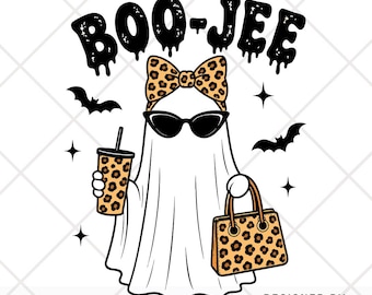 May include: A white ghost illustration featuring the text BOO-JEE in black dripping letters. The ghost wears black cat-eye sunglasses and a leopard print bow, while holding a matching leopard print tumbler and a leopard print handbag with bats.