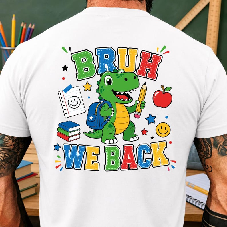 Colorful back to school graphic mockup featuring cartoon dinosaur, school supplies and funny student shirt design