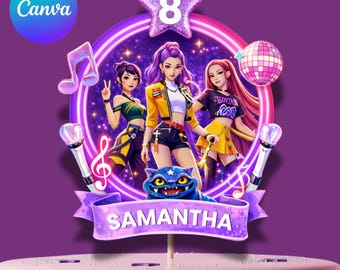 Decorazione per torta modificabile Kpop Demon Hunters, decorazioni per compleanno Kpop Huntrix, modello Canva stampabile per decorazioni per feste di compleanno, decorazione per torta Kpop