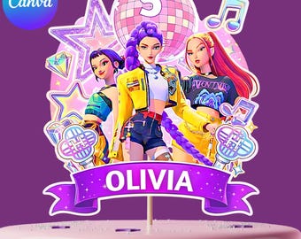 Editable Kpop Demon Hunters Cake Topper, Huntrix Kpop Birthday Party Topper, Canva Printable Cake Decoration, Girl Kpop Birthday Cake Topper