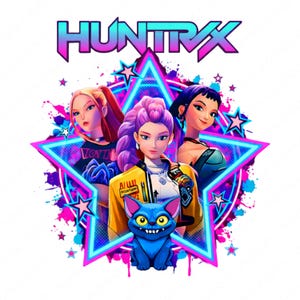 May include: A digital illustration featuring three stylized female figures within a neon star, with the word "HUNTRAX" above. A blue cat with yellow eyes is in the foreground. The color palette includes pink, blue, and yellow.