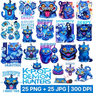 Może przedstawiać: Kolekcja niebieskich ilustracji kotów z kreskówek z różnymi wyrazami twarzy i pozami. Niektóre koty noszą kapelusze lub mają akcesoria. Tekst zawiera "DERPY", "K-POP DEMON HUNTERS" i "HUNTRX". Obrazek zawiera również "25 PNG + 25 JPG | 300 DPI".