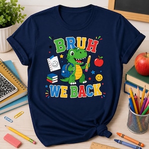 Cute dinosaur back to school shirt mockup featuring playful school themed graphic for boys and girls first day outfits