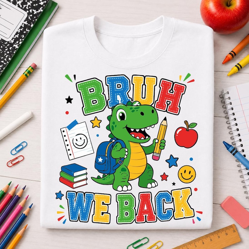 Bruh We Back PNG SVG mockup on kids back to school t shirt featuring colorful dinosaur design for first day of school apparel
