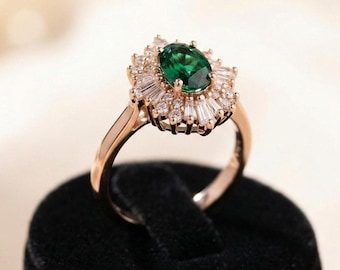 Vintage Art Deco Oval Lab Smaragd Ring mit Baguette Diamant Halo Einzigartige Rose Gold Braut Verlobung und Jubiläumsring