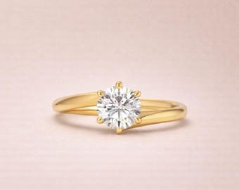 Zeitloser Rundschliff Moissanite Diamant Versprechen Ring, Gelbgold Finish Einstellung, Jahrestag Schmuck Geschenk für Frau