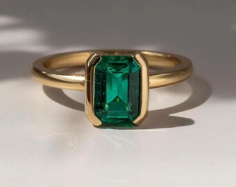 Gelb Gold Finish Smaragd Schnitt Labor erstellt Smaragd Brautring, einfache Hochzeit Band, Geschenk für Mutter, Vintage Stil, Verlobung Schmuck