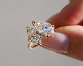 Luxury Pear Cut Moissanite Double Stone Ring, Gold Finish, Anniversary or Promise Ring for Women