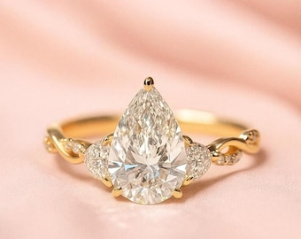 Prong Set birnenförmiger Moissanite Diamantring, Versprechensring mit Gelbgold-Finish, minimalistischer Verlobungsschmuck, Geschenk für Mama, Hochzeitsband