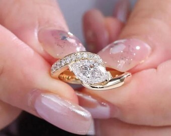 Einzigartiger Moissanit Diamant Marquise Schliff Ring in Gelbgold Finish, feine Hochzeits Schmuck