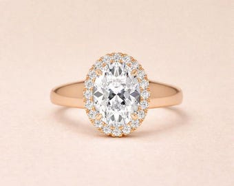 Oval Cut Moissanite Diamant Halo Brautring, Gelbgold Finish Minimalist Statement Ring, Geschenk für Frau