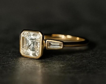 Minimalistischer Gelbgold-Finish Asscher Cut Moissanite Diamant Ring, Lünette Set Versprechen Ring Geschenk für Mom Schmuck