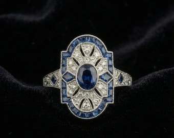 Art Deco Sapphire Labor erstellt Diamant Ring Vintage Halo 925 Sterling Silber Hochzeit Verlobungsring für Frauen
