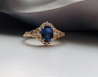 Oval Cut Lab Created Sapphire Bridal Ring, Vintage Yellow Gold Finish  Engagement Ring, Anniversary Gift, Statement Jewelry