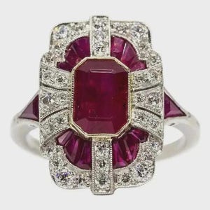Bridal Emerald Cut Lab Created Ruby Statement Ring, White Gold Finish Halo Engagement Jewelry, Elegant Wedding Gift for Wife