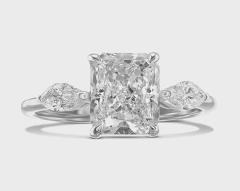 Minimalist Radiant Cut Moissanite Promise Ring, White Gold Finish Band, Three Stone Prong Setting, Gift for Mom, Elegant Bridal Jewelry