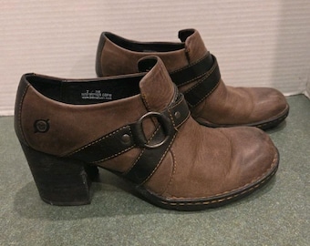 Zapatos Oxford/Botines BORN de piel marrón con tacón grueso, estilo western, vintage, años 90, talla 7