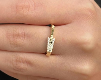 14K Solid Gold Statement Ring, Chunky Cubic Zirconia Band, Ribbed Gold Ring, Modern Geometric Design, Unique Pave CZ Jewelry, Gift for Her