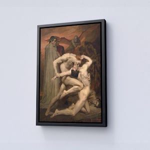 Può includere: Opera d'arte incorniciata raffigurante una scena classica con diverse figure nude in posa drammatica. Il dipinto presenta una calda tavolozza di colori con figure in primo piano e sullo sfondo. L'opera è incorniciata in una cornice rettangolare nera.