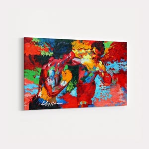 May include: Abstract painting of two boxers in action, rendered with bold brushstrokes and vibrant colors. The artwork features a dynamic composition with red, blue, yellow, and green hues, capturing the energy of a boxing match. Signed by LeRoy Neiman.