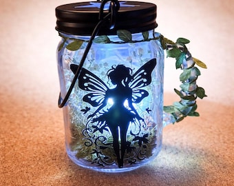 Linterna de hadas en frasco: luces LED, flores secas, decoración estilo cottagecore, luz nocturna encantada.