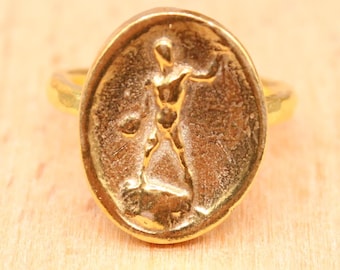 Gold Hercules Coin Ring Adjustable | Handmade 925 Sterling Silver Ancient Greek Warrior Jewelry | Rustic Gold Statement Ring For Him Her