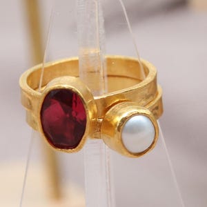 Ruby Pearl Dual Stone Ring – Gold Bezel Handmade Statement Jewelry for Women