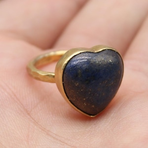 Heart Shaped Lapis Lazuli Ring in Gold Plated 925 Sterling Silver | Handmade Blue Crystal Jewelry | Gift for Her | Statement Boho Ring