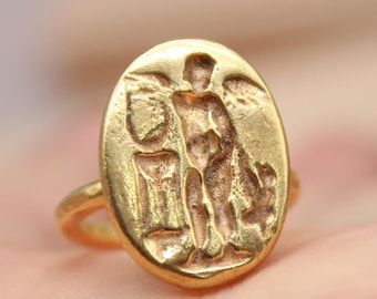 Gold Vermeil Eros Coin Ring – Handmade Sterling Silver Greek Mythology Jewelry - Christmas Gift