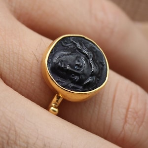 Apollo Intaglio Ring Gold Plated, Handmade Greek Goddess Seal Jewelry, Ancient Glass Cameo Ring, Statement Gift for Him or Her