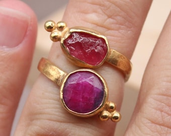Raw Ruby Gold Ring – Adjustable Handmade 925 Sterling Silver Birthstone Jewelry - Christmas Gift