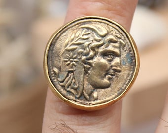 Alexander der Große Münzring - Vergoldetes Siegelring aus 925er Silber, Handgemachter griechischer Stil - Weihnachtsgeschenk