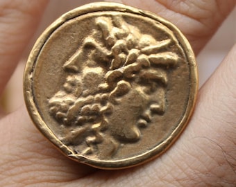 Anillo de sello de moneda griega en bronce macizo, anillo de Zeus y Hera hecho a mano, joyería de estilo romano antiguo, regalo llamativo para él o para ella.