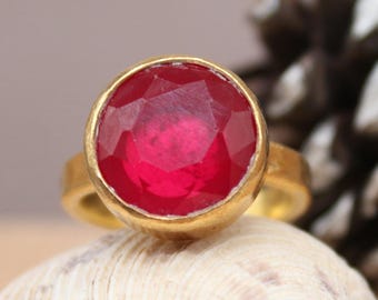 Bague rubis avec pierres précieuses - Bague en or vermeil faite main et argent sterling 925 - Cadeau de Noël