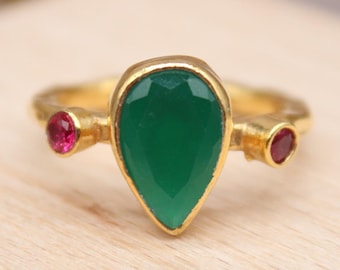 Emerald and Ruby Ring – Gold Plated 925 Sterling Silver Handmade Christmas Gift for Her