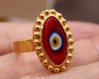 Red Enamel Evil Eye Ring in Gold Bezel – Protective Statement Jewelry