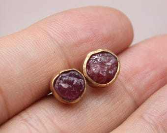 Raw Ruby Stud Earrings 925 Sterling Silver Gold Finish • Natural Uncut July Birthstone Jewelry • Minimalist Handmade Gift for Her